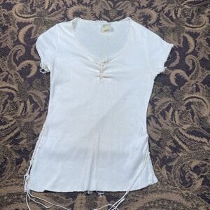 Vtg 70s City Girl White Lace Short Sleeve Top Womens Size Medium Baby Tee